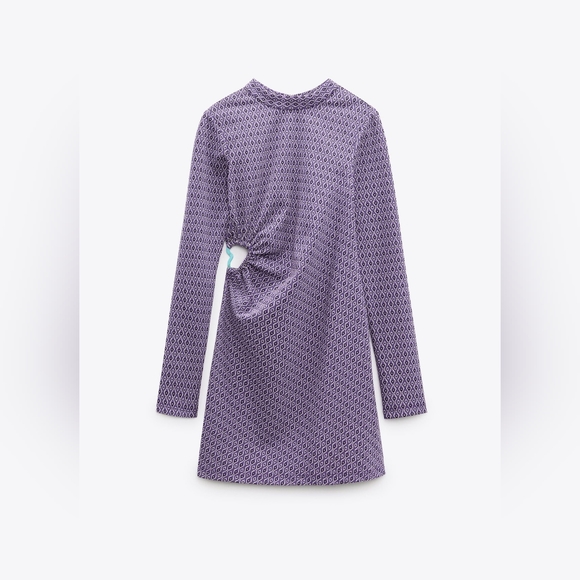 🌞ZARA Jaquard Long Sleeve Cut-out Open Back Mini Dress Purple Retro Geometric - Picture 2 of 14